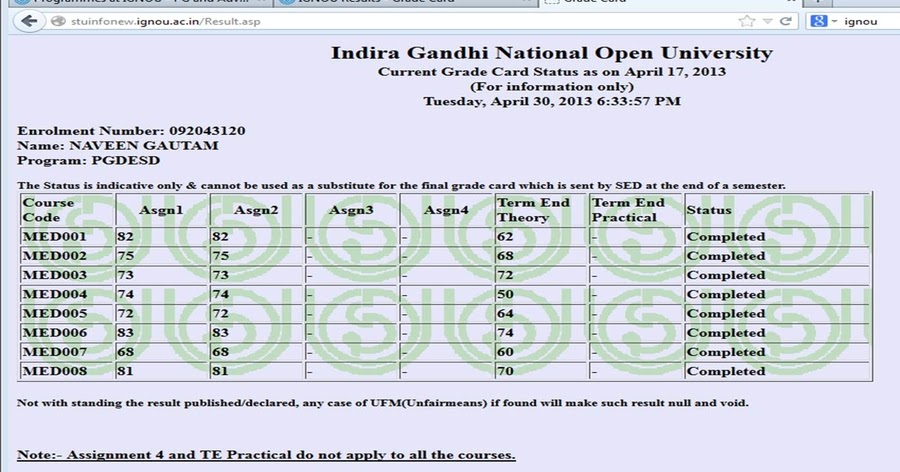 IGNOU Grade Card